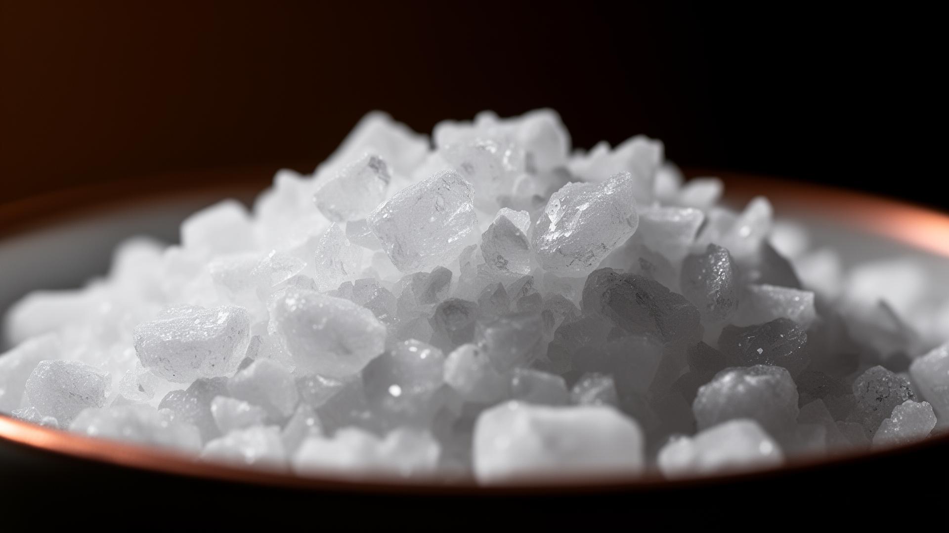 Чешуя натрия гидроксида в керамической чаше с медной окантовкой